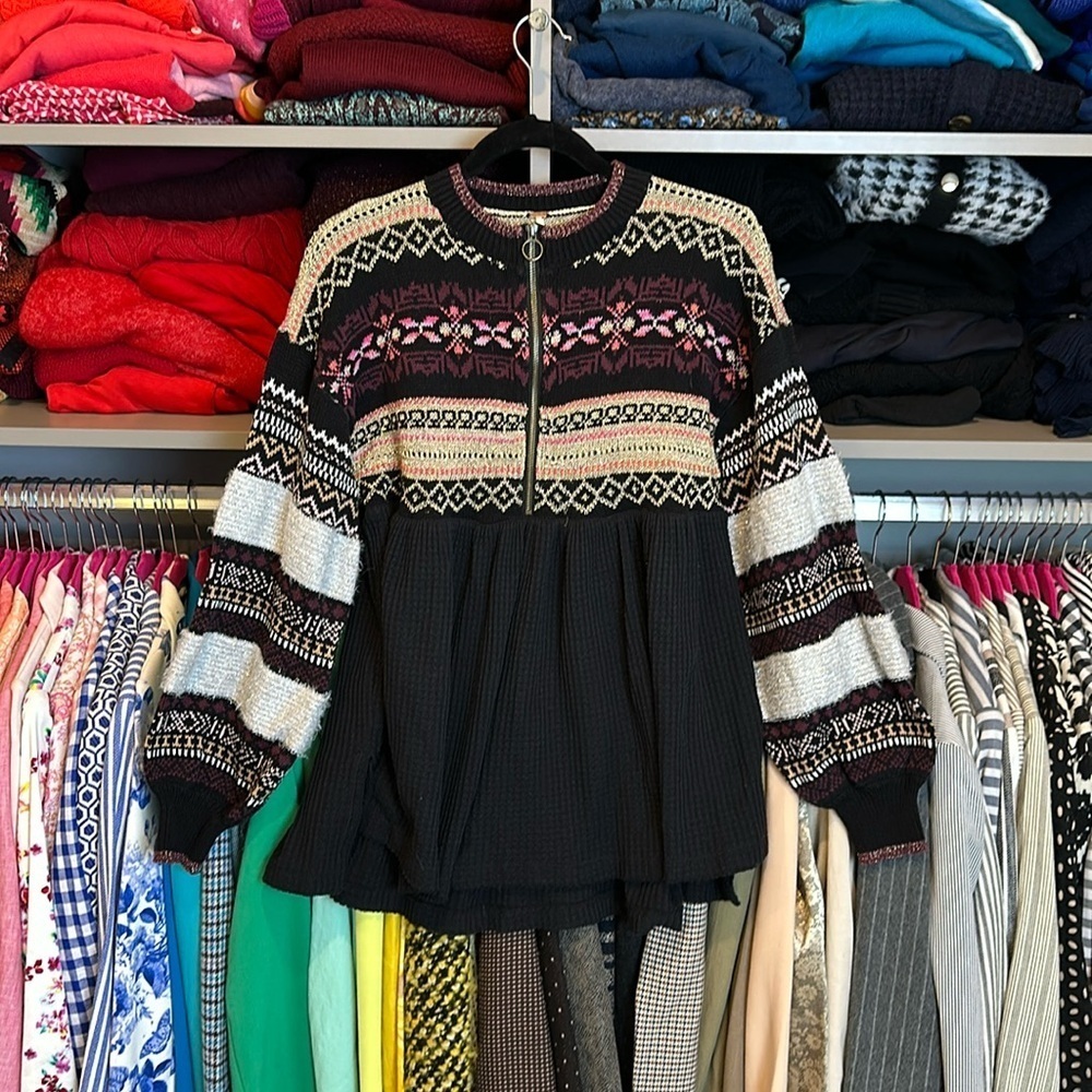 Free People black/pink/gold & silver metallic threads long sleeve sweater size S